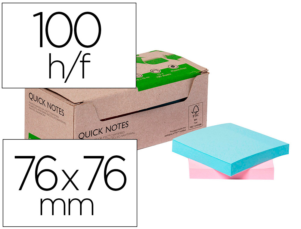 BLOCO DE NOTAS ADESIVAS Q-CONNECT 76X76 MM 100% PAPEL RECICLADO CORES PASTEL CAIXA DE CARTAO