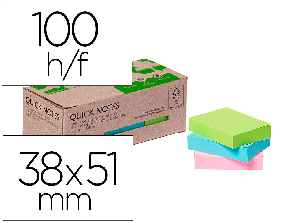 BLOCO DE NOTAS ADESIVAS Q-CONNECT 38X51 MM 100% PAPEL RECICLADO CORES PASTEL CAIXA DE CARTAO