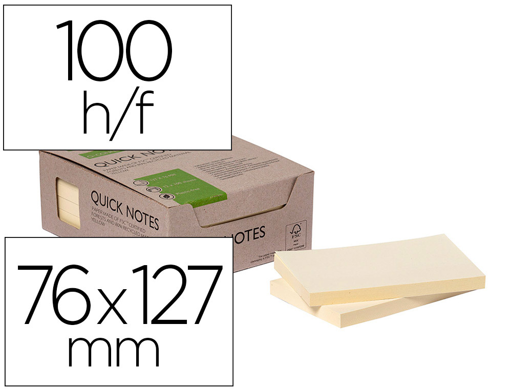 BLOCO DE NOTAS ADESIVAS Q-CONNECT 76X127 MM 100% PAPEL RECICLADO AMARELO CAIXA DE CARTAO