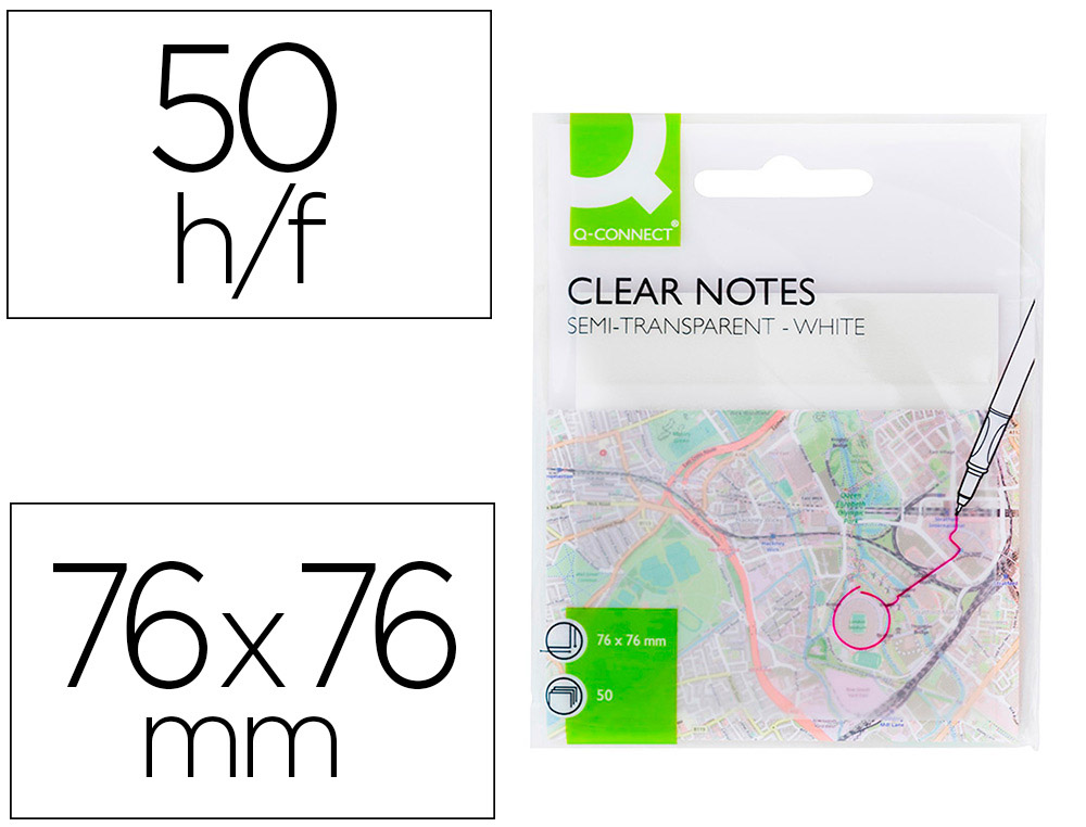 BLOCO DE NOTAS ADESIVAS Q-CONNECT REMOVIVEIS PLASTICO TRANSLUCIDO BRANCO COM 50 FOLHAS 76X76 MM
