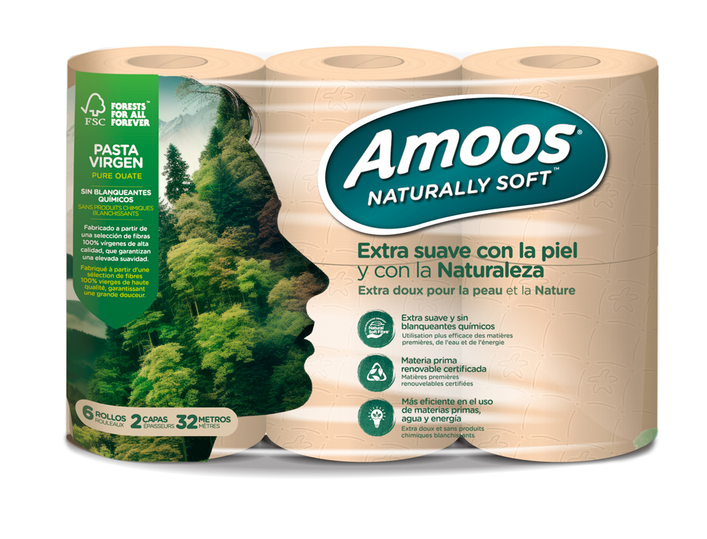 PAPEL HIGIENICO AMOOS NATURALLY SOFT 2 FOLHAS PASTA CRUDA PACK DE 6 ROLOS 32 M