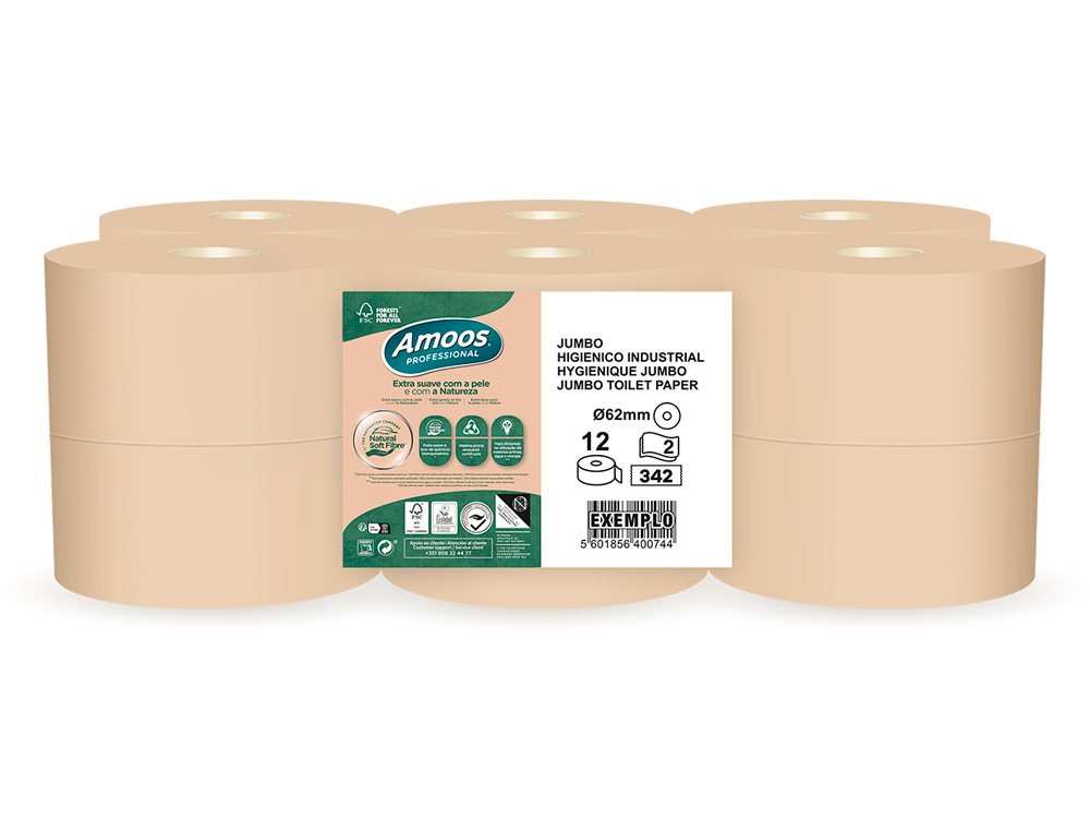 PAPEL HIGIENICO AMOOS NATURALLY JUMBO PROFESSIONAL 2 FOLHAS PASTA CRUDA PACK DE 6 ROLOS 120 M