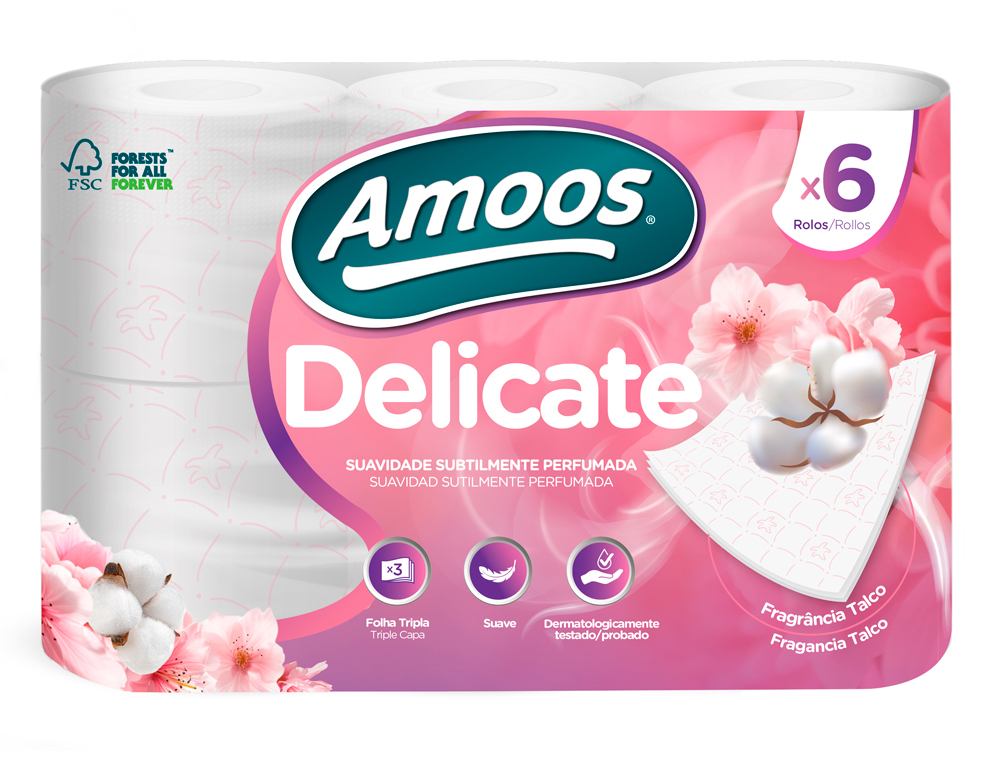PAPEL HIGIENICO AMOOS DELICATE 3 FOLHAS COR BRANCO PACK DE 6 ROLLOS 20 M