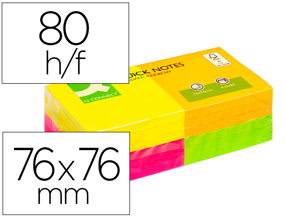 BLOCO DE NOTAS ADESIVAS Q-CONNECT SORTIDO 76 X 76 MM COM 80 FOLHAS PACK DE 12 EM 4 CORES