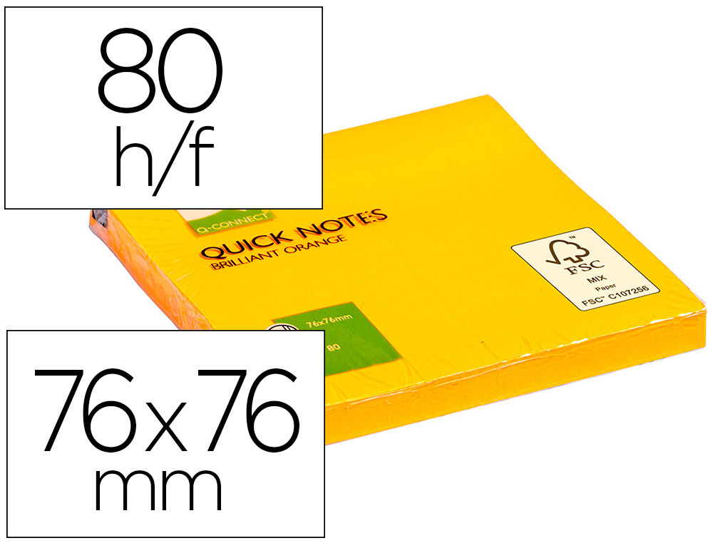 BLOCO DE NOTAS ADESIVAS Q-CONNECT LARANJA FLUORESCENTE 76 X 76 MM COM 80 FOLHAS