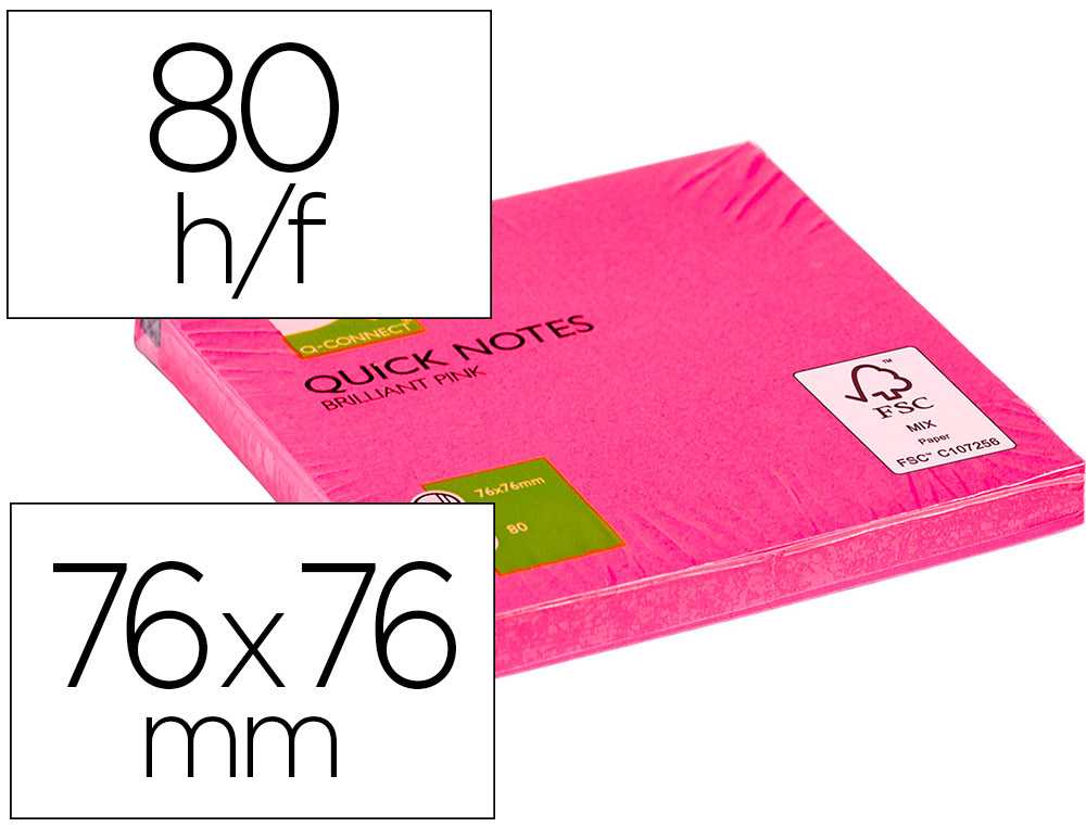 BLOCO DE NOTAS ADESIVAS Q-CONNECT ROSA FLUORESCENTE 76 X 76 MM COM 80 FOLHAS