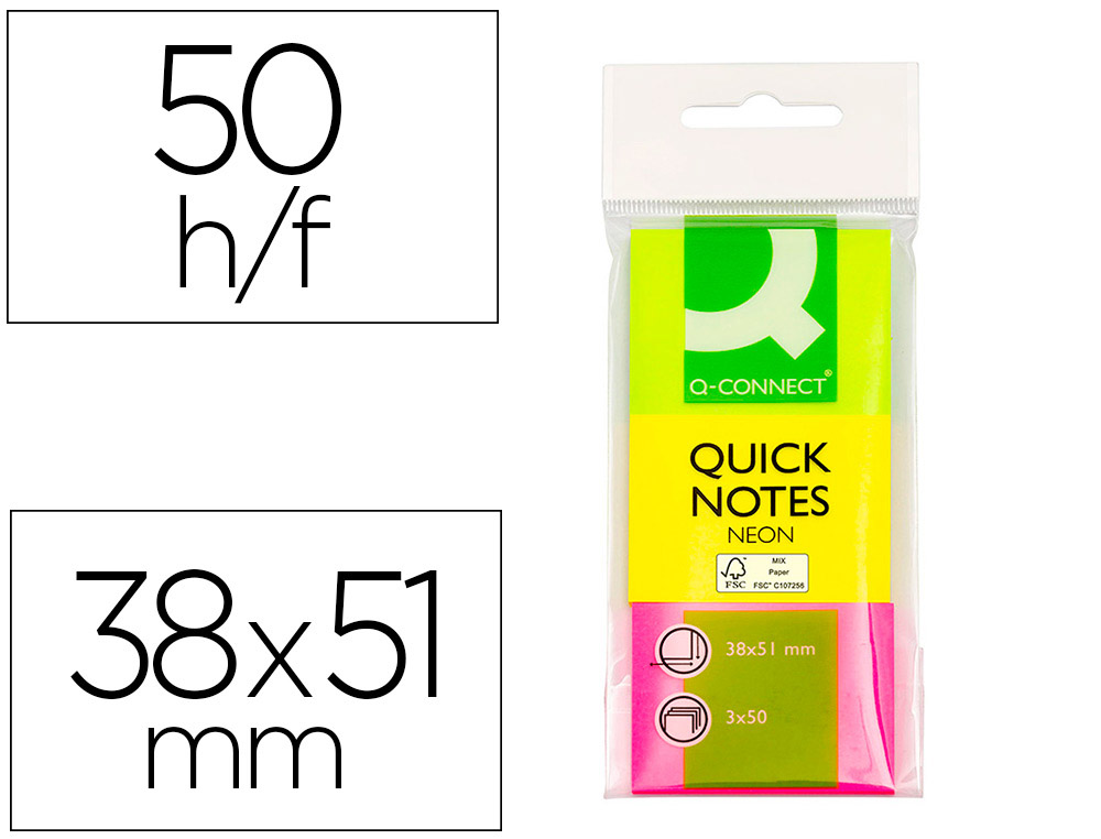 BLOCO DE NOTAS ADESIVAS Q-CONNECT FLUORESCENTE 38 X 51 MM PACK DE 3 UDS COM 50 FOLHAS POR COR