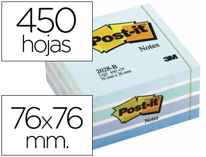 BLOCO DE NOTAS ADESIVAS POST-IT 76X76 MM CUBO COR AZUL PASTEL 450 FOLHAS