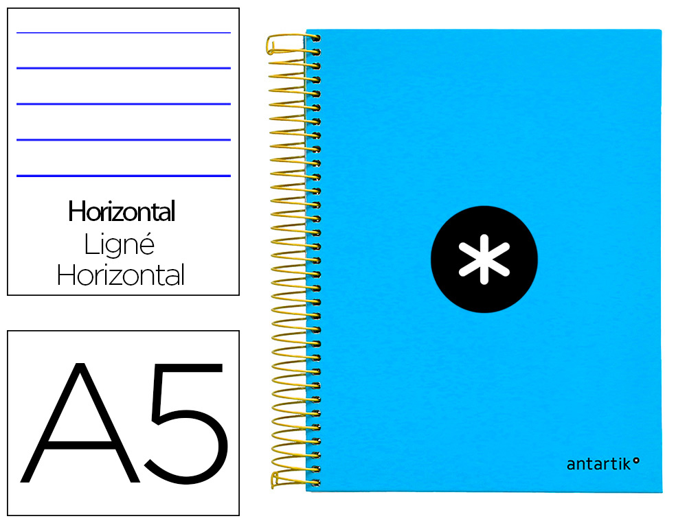 CADERNO ESPIRAL DIN A5 ANTARTIK CAPA FORRADA 120 F 100 GR PAUTADO 5 BANDAS DE CORES 6 FUROS COR AZUL